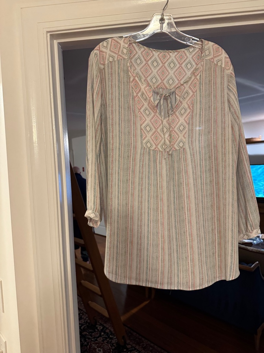 NYDJ Cream Striped Peasant Blouse with Pink & Green Accents